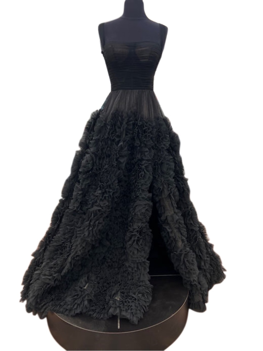 Sherri Hill Black Ruffled Tulle Prom Gown with Off-Shoulder Mesh